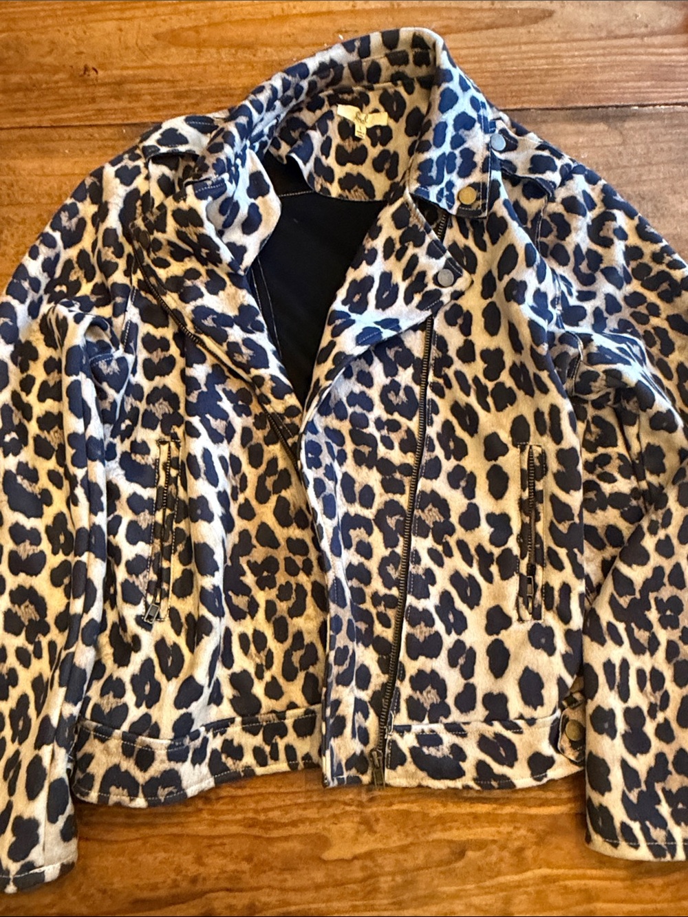 Easel Leopard Print Moto Jacket - Black & Cream